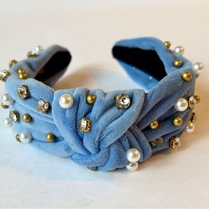 NWOT Headband Blue Velvet Knotted W/ Pearl-like Clear Stone & Gold Tone …